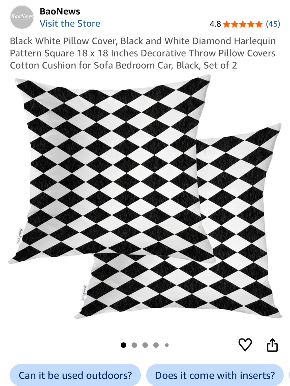 4 Black & White Diamond Print Pillow Covers